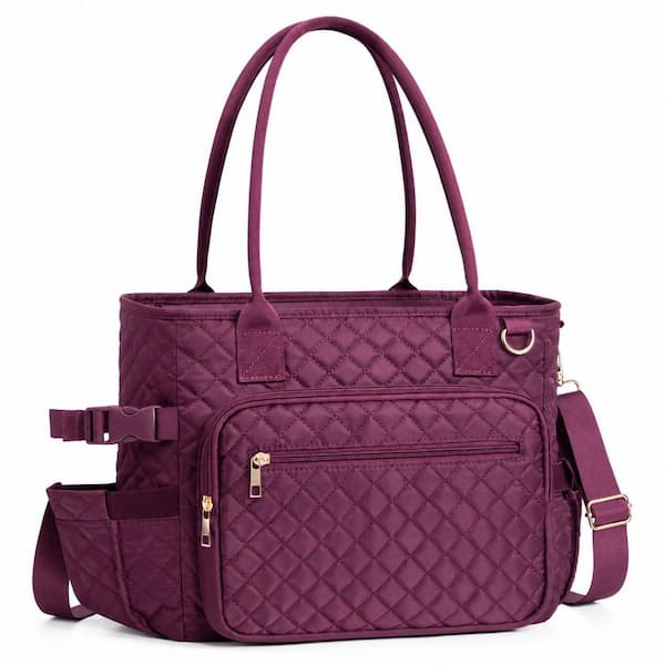 Burgundy Reusable Lunch Bag Quilted Soft Cooler Tote with 7 Pockets and Cup Holder, 14L