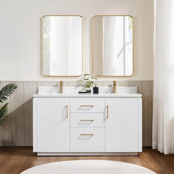 San 60 in. W x 22 in. D x 33.8 in. H Double Bath Vanity in White with White Grain Composite Stone Top