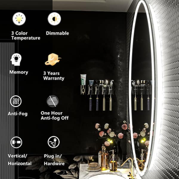 24 in. W x 36 in. H Oval Frameless Backlit LED Anti-Fog Wall Bathroom Vanity Mirror in Tempered Glass