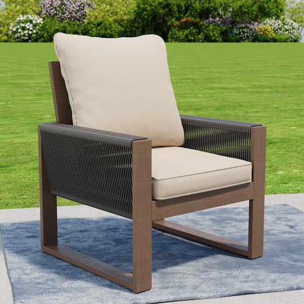 Outdoor Patio Wooden Lounge Chair with Beige Cushions and Square Frame