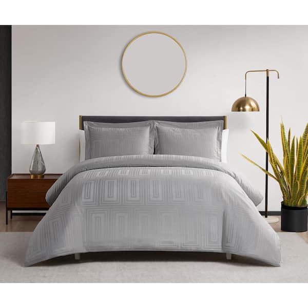 Cityblocks Silver Grey 3-Piece Cotton Rectangle Jacquard Duvet Set - King