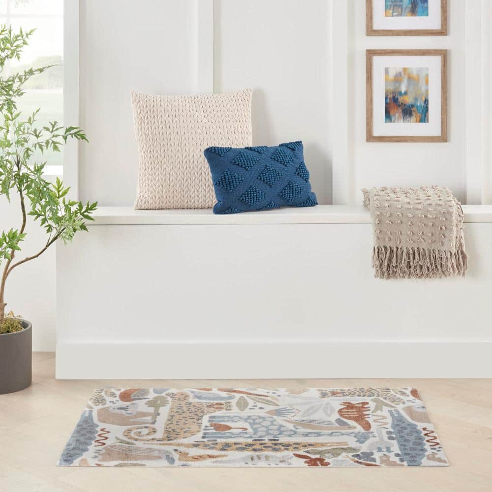 Ivory Safari Animal Print Kids Rectangular Washable Rug