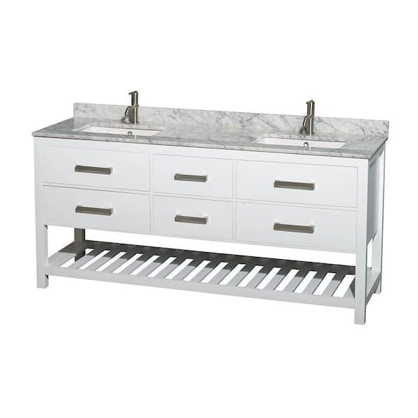 Wyndham Collection Natalie 72 in. Double Vanity in White with Marble Vanity Top in White Carrara and Under-Mount Square Sinks