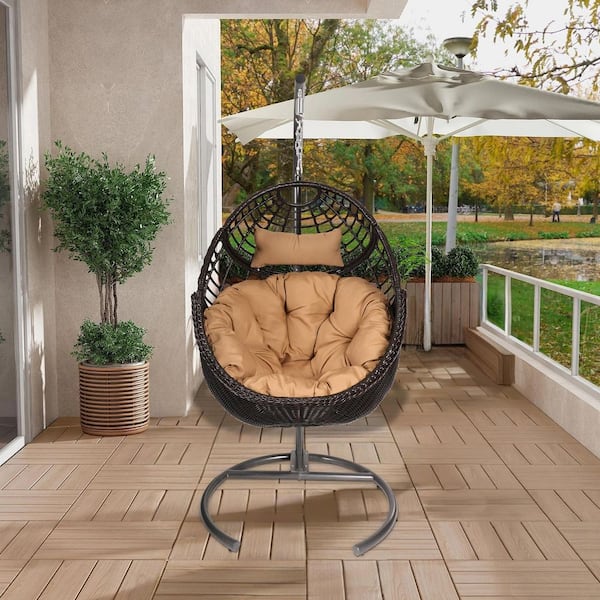 TWT Sturdy Outdoor and Indoor Swing Hanging Egg Chair with Stand Brown PE Wicker for Paito Living Room