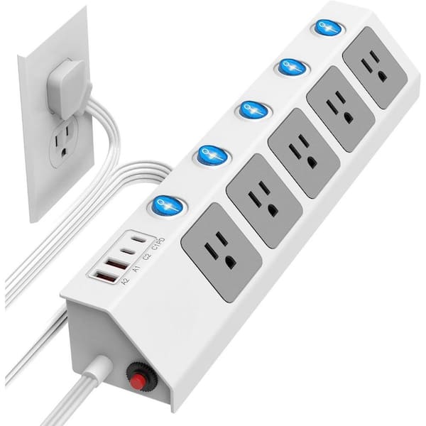 White 5-Outlet Power Strip Surge Protector with 4 USB Port, 10 ft. Cord and Individual Switch