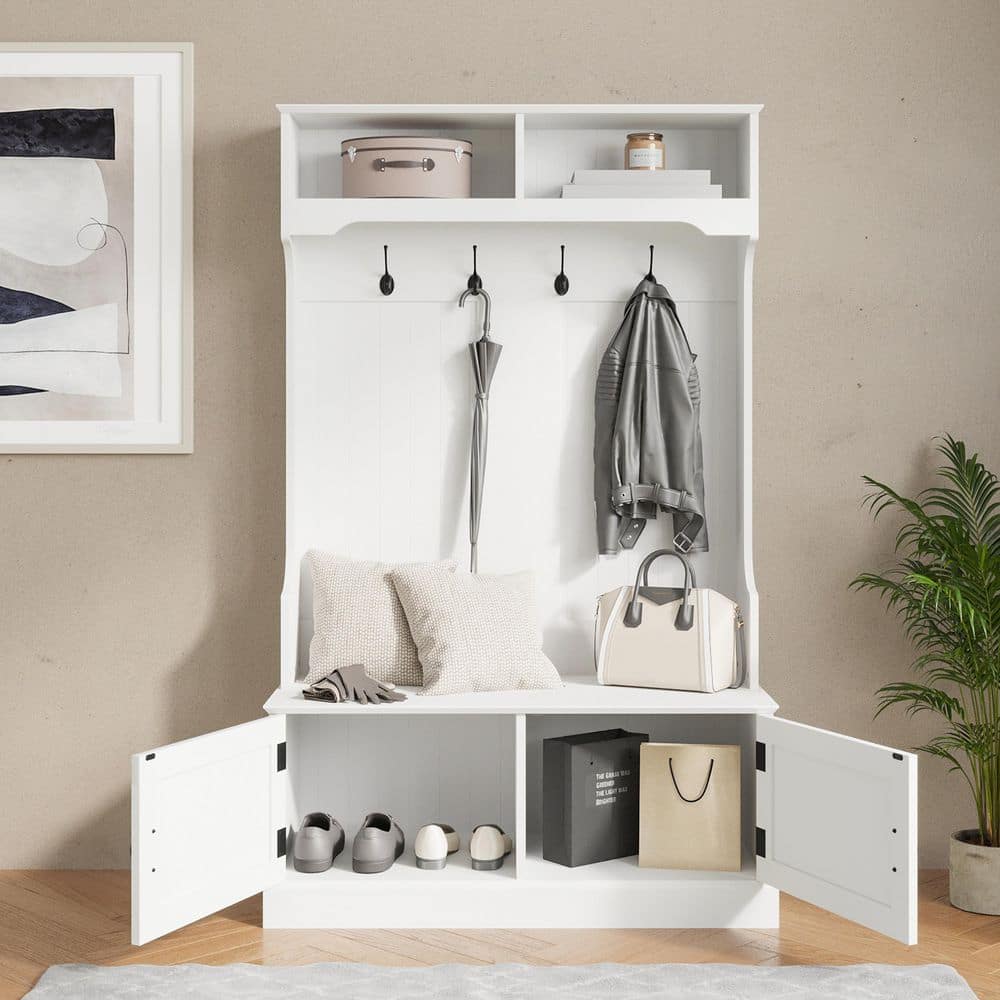 White Wooden Hall Tree with Storage Bench and Coat Rack
