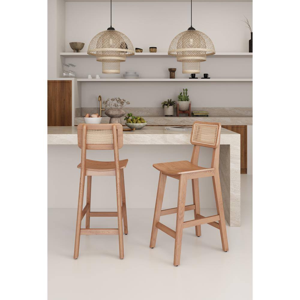 Set of 3 Natural Ash Wood and Cane Counter Stools