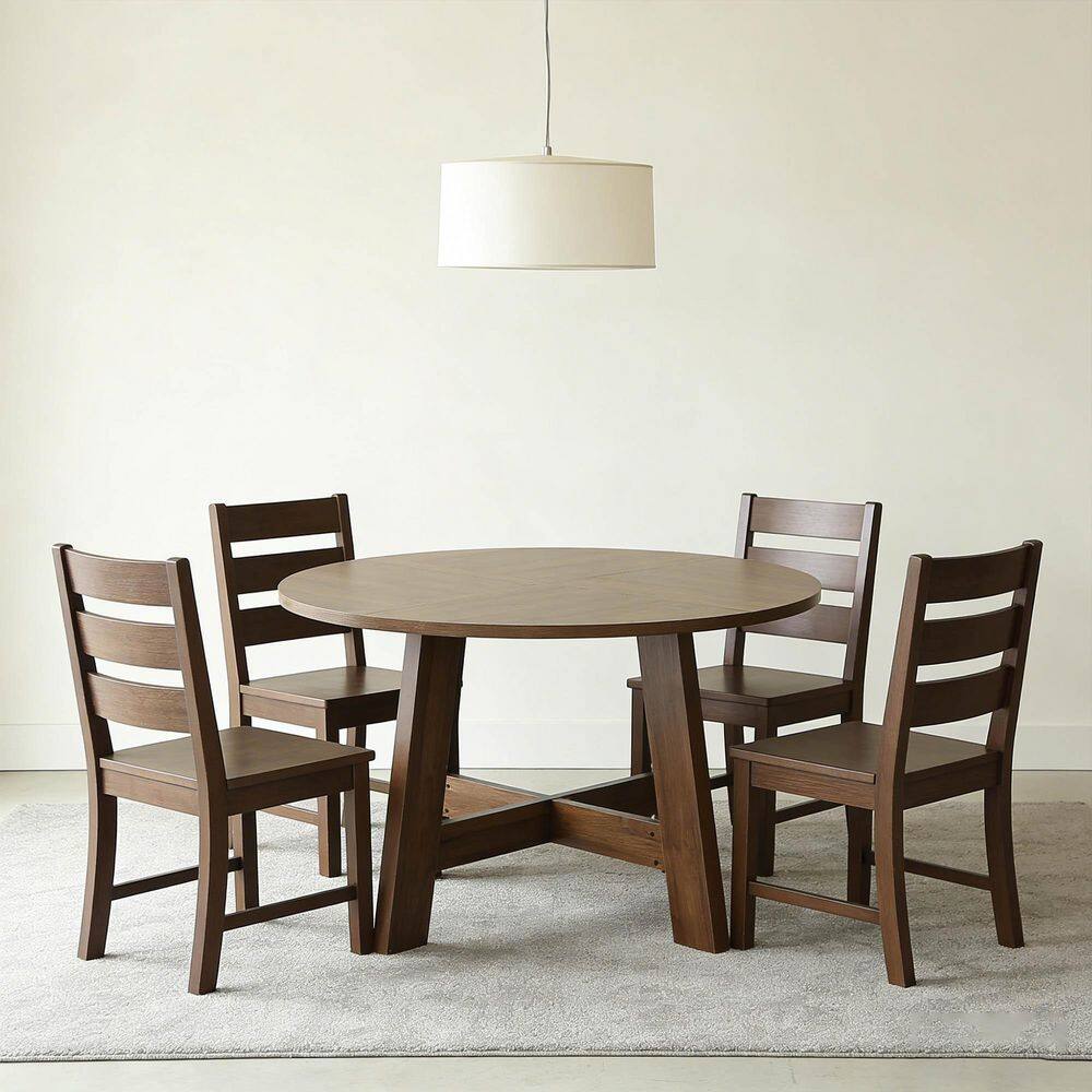 Walnut Brown Round Dining Table with Cross Base, 47 in. Modern Farmhouse Engineered Wood Kitchen Table Seats 4