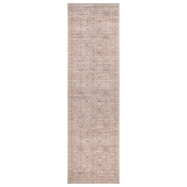 Traditional Allover Sand Beige Machine Washable Non-Slip Backing 2 ft. x 10 ft. Beige Area Rug
