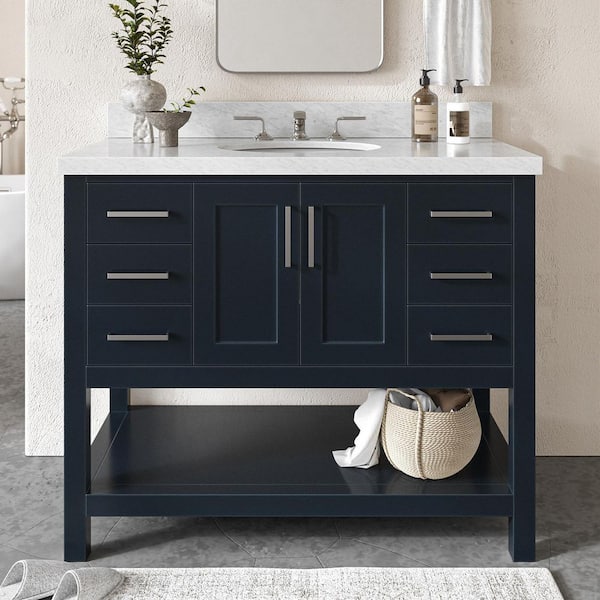 ARIEL Magnolia 42 in. Single Sink Freestanding Bathroom Vanity in Midnight Blue with Carrara White Marble Top