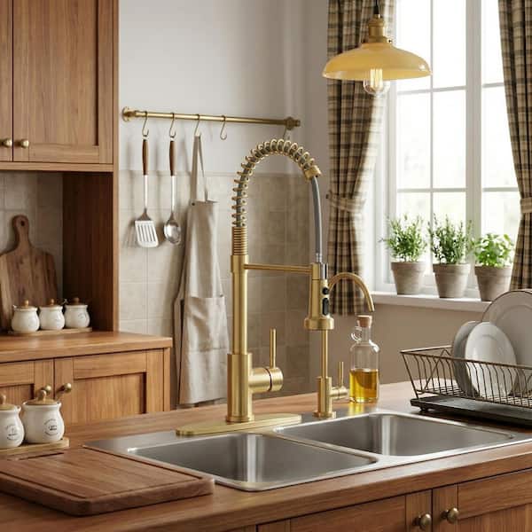 Single Handle Pull-Down Sprayer Kitchen Faucet, Kitchen Faucet with Direct Drinking Water Faucet in Brushed Gold