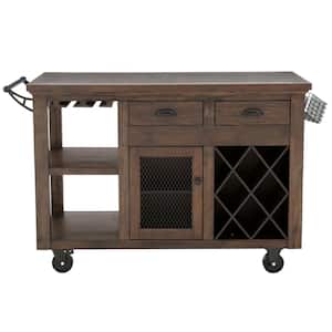 Cooper Rustic Walnut Rolling Kitchen Cart with Double-Drawer Storage, Wine Rack, and Tiered Shelves (51" W)