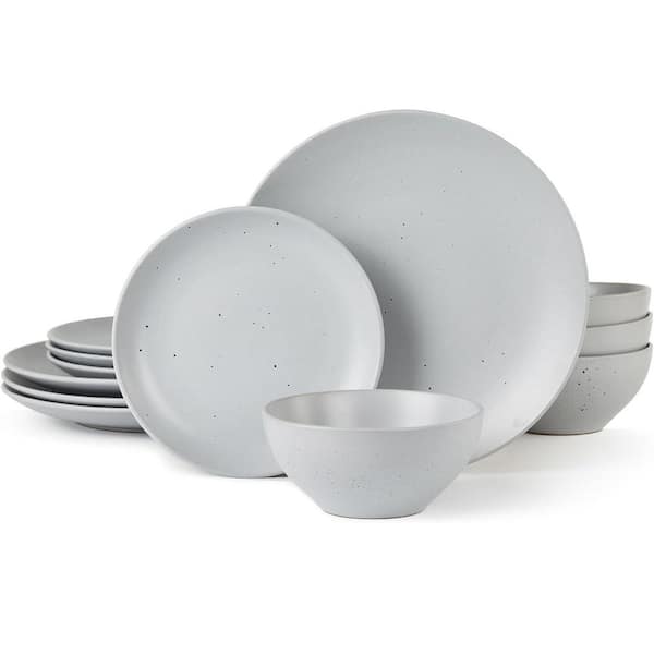 Famiware Moon Round Stoneware Dinnerware 16-Piece Dishes Set, Gray Matte 