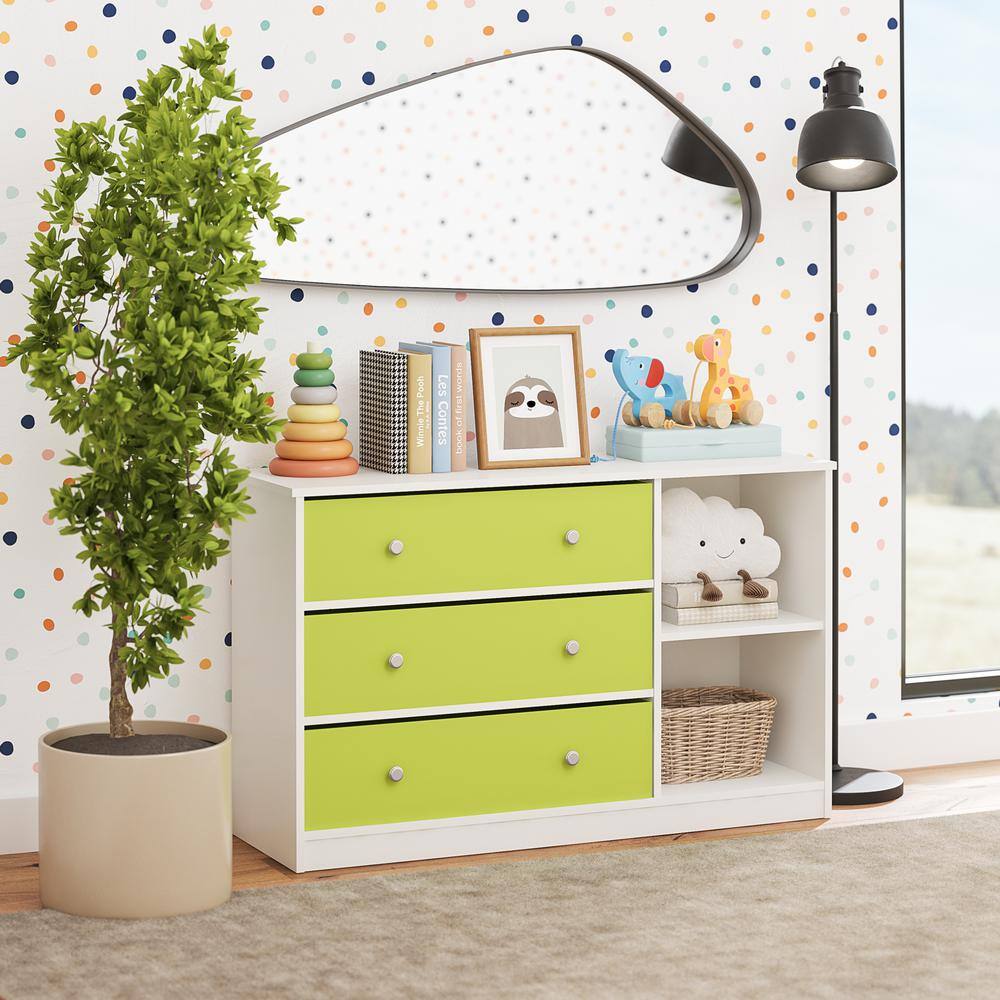 White and Green Wide Nursery Dresser with Fabric Bins