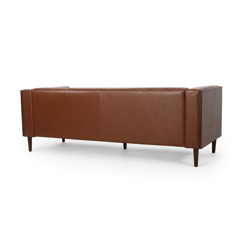 Cognac Brown Tufted Faux Leather 3-Seater Tuxedo Sofa with Wood Accents