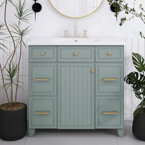 36 in. W x 18 in. D x 34 in. H Single Sink Freestanding Bath Vanity in Green with White Cultured Marble Top