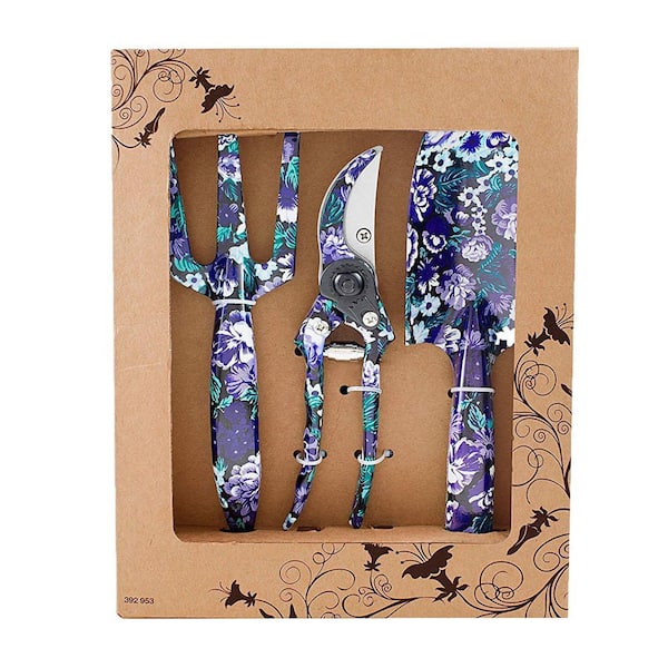 3-Piece Garden Tool Set Aluminum Trowel Cultivator Pruning Shear Ergonomic Handle Floral Gift Purple Blue