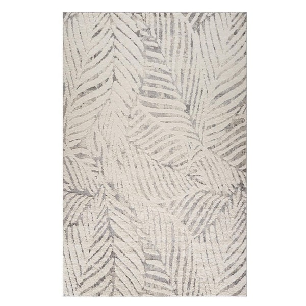 4 ft. x 6 ft. Gray and Cream Botanical Leaves Area Rug