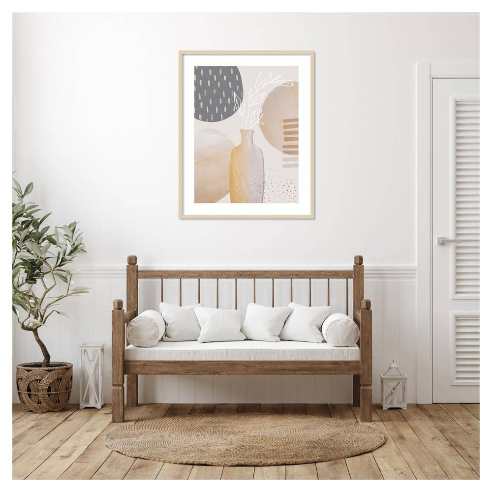 Mid Century Floral II Beige and Gray Framed Wall Art Print