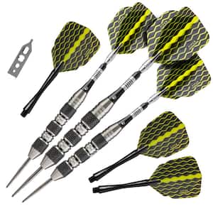 The Freak 22 g Black and Yellow Knurled and Shark Fin Barrel Steel Tip Dart Set
