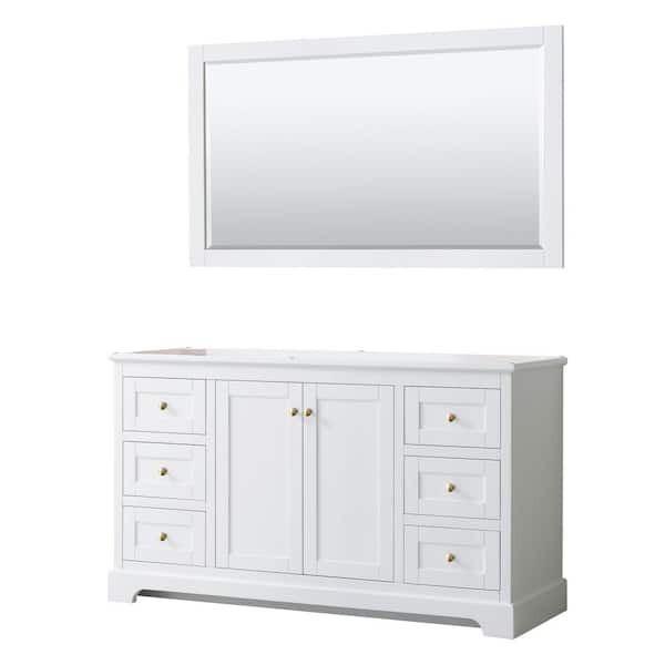 Wyndham Collection Avery 59.25 in. W x 21.75 in. D x 34.25 in. H Bath Vanity Cabinet without Top in White with Gold Trim & 58 in. Mirror