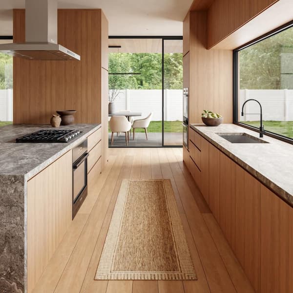 Light Brown 2 ft. x 10 ft. Striped Border Flatweave Outdoor Area Rug