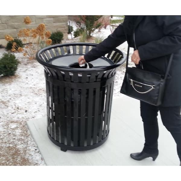 34 Gal. Black Steel Outdoor Trash Can with Steel Lid and Plastic Liner