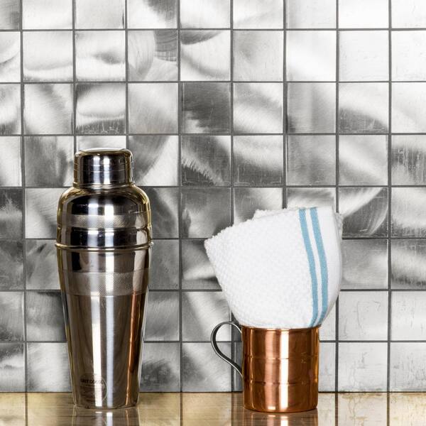 Abolos Luminescent Silver 12 In X 12 In Brushed Aluminum Mosaic Wall Tile Backsplash 9 Sq Ft Case Hmdlum02 Au The Home Depot