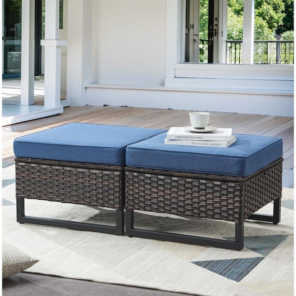 moosprr Brown Wicker Outdoor Ottoman with Blue Cushions (2-Pack)