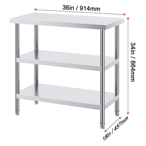 Stainless Steel Food Prep Table, 18 x 36 x 34 In. Silver Commercial Kitchen Worktable, with 2 Adjustable Undershelf
