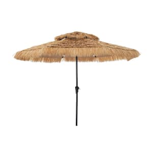 10 ft. Outdoor Double Layer Hawaiian Style Market Umbrella in Brown with Crank Tilt and 32 Light Beads