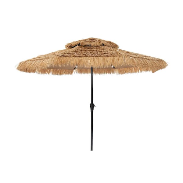 Clihome 10 ft. Patio Umbrella in Brown with 32 -LED Lights, Double Top Canopy, 8-Rib Steel Frame, Waterproof Thatch Look
