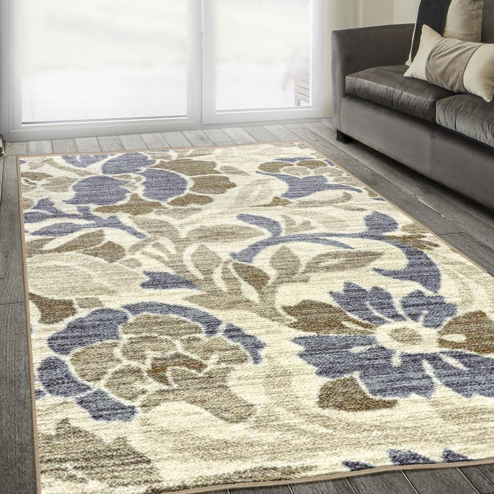 Roselyn Blue and Beige Floral Synthetic 2' x 3' Area Rug