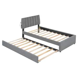 Gray Wood Frame Upholstered Twin Size Platform Bed with Trundle and LED Light