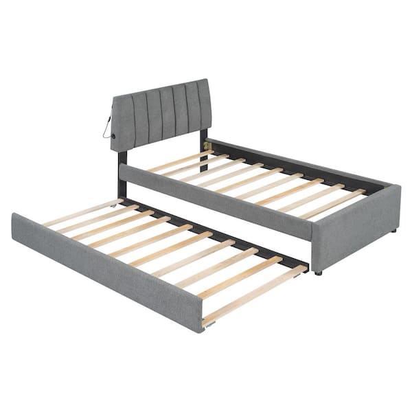 Nestfair Gray Wood Frame Upholstered Twin Size Platform Bed with Trundle and LED Light