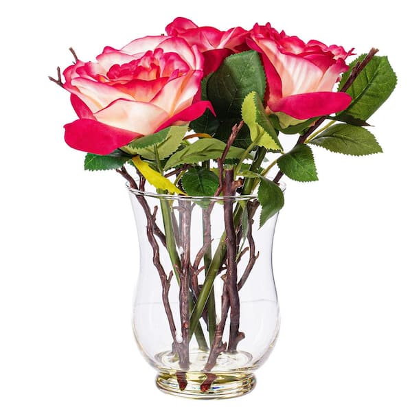 Vickerman 10 in. Dark Pink Artificial Rose Floral Arrangement in Glass Vase
