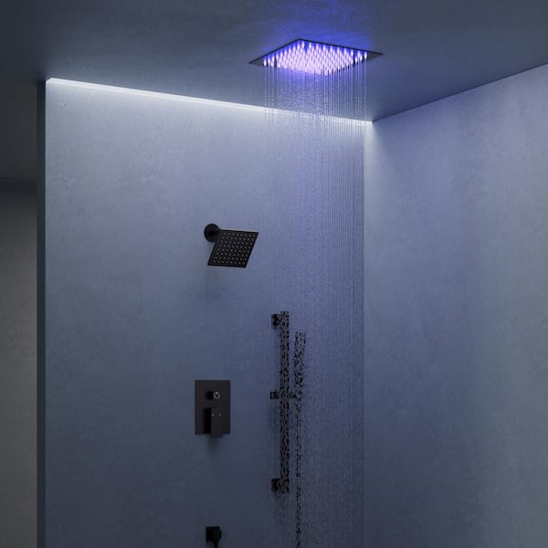 EVERSTEIN 3-Spray Square 12 in. Rain Shower System with 6 in. Shower Head Handheld Shower in Matte Black 2.5 GPM