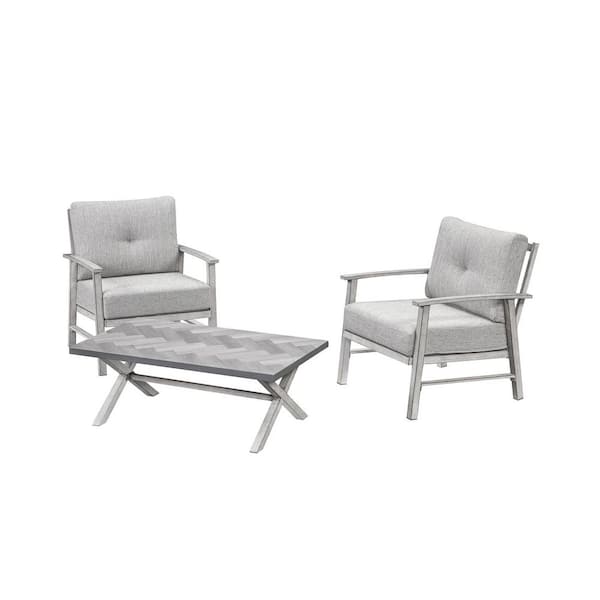 Light Gray 3-Piece Aluminum Outdoor Piato Conversation Sofa Set with Coffee Table and Gray Cushions