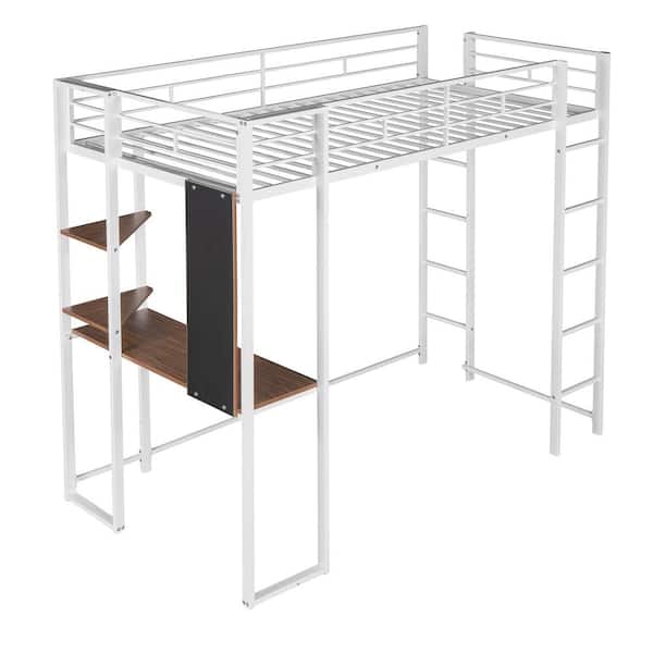 GOJANE White Twin Metal Loft Bed with 2 Shelves and One Desk