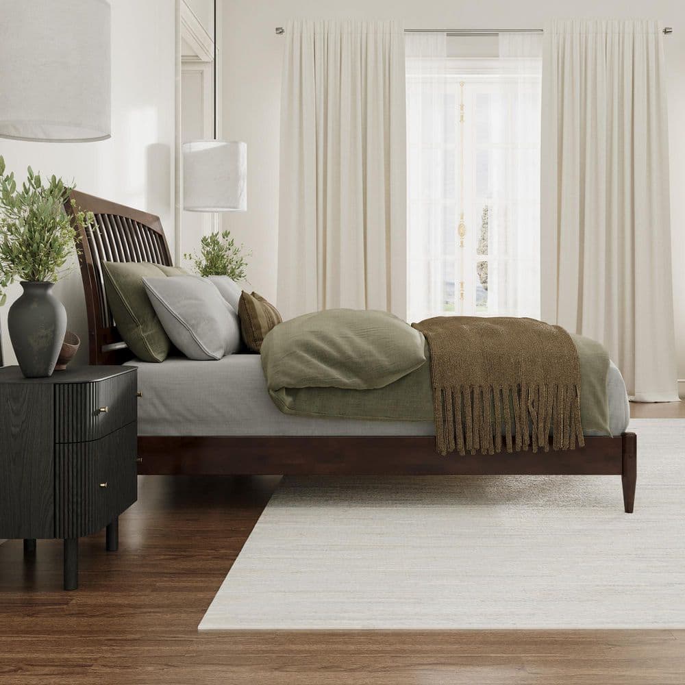 Orleans Queen Walnut Wood Low Profile Sleigh Platform Bed