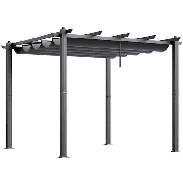 10ft. x10ft. Outdoor Retractable Pergola with Canopy, Aluminum Pergola for Patios, Gardens, Decks, Backyards, Gray Tent