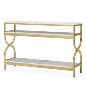 55 in. White and Gold Rectangle Faux Marble Console Table with Open Storage Shelves