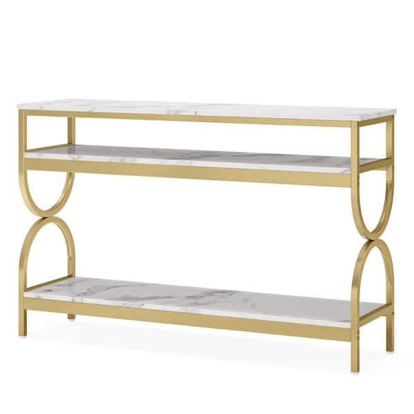 BYBLIGHT 55 in. White and Gold Rectangle Faux Marble Console Table with Open Storage Shelves
