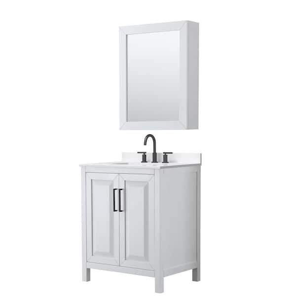 Wyndham Collection Daria 30 in. W. x 22 in. D x 35.75 in. H Single Bath Vanity in White with White Quartz Top and Medicine Cabinet
