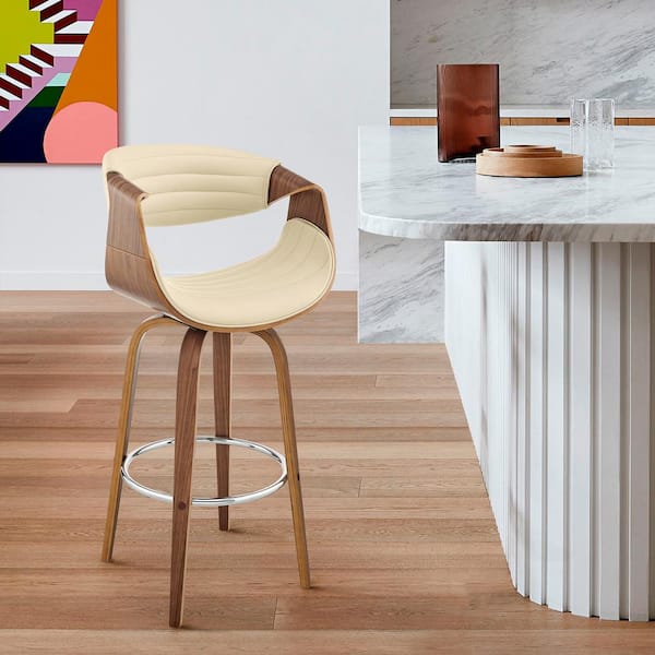 Armen Living Arya 26 in. Counter Height Low Back Swivel Stool in Cream Faux Leather and Walnut Wood