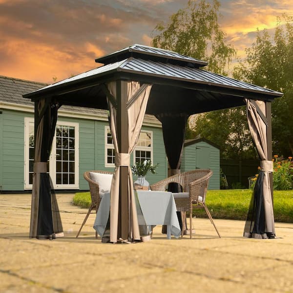 10 ft. x 8 ft. Brown Hardtop Permanent Outdoor Gazebo with Galvanized Steel Double Roof, Curtains and Netting
