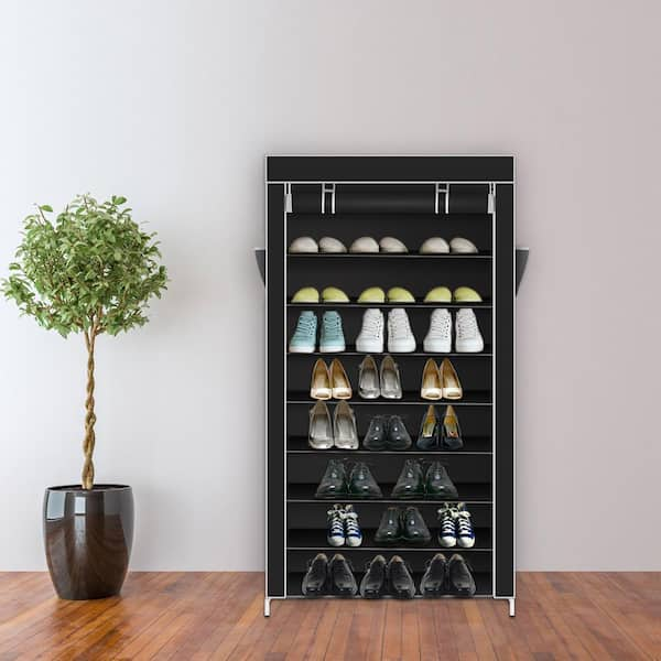 Karl home Waterproof 63 in. H x 11.81 in. W 32 Pair Black Fabric Shoe Rack with Dustproof Cover 302589547854