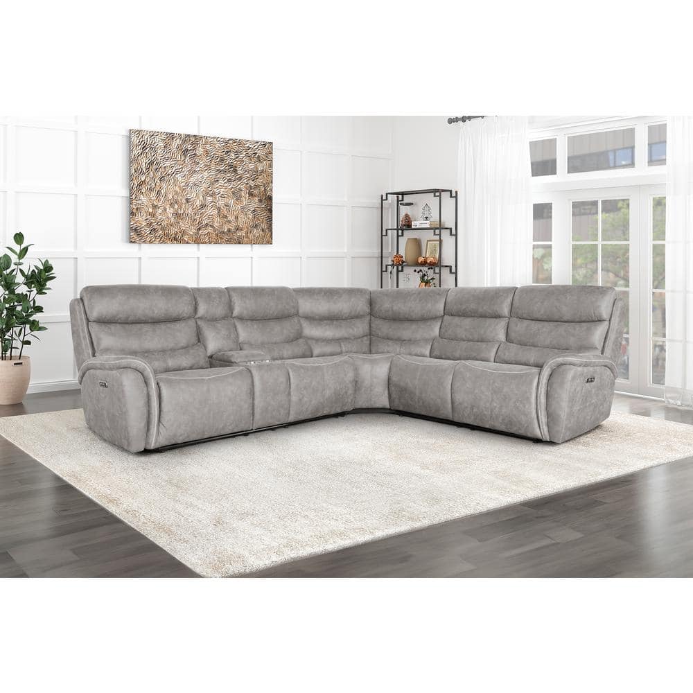 Kamari Gray Fabric Three-Piece Sectional with Round Arm and Cup Holder