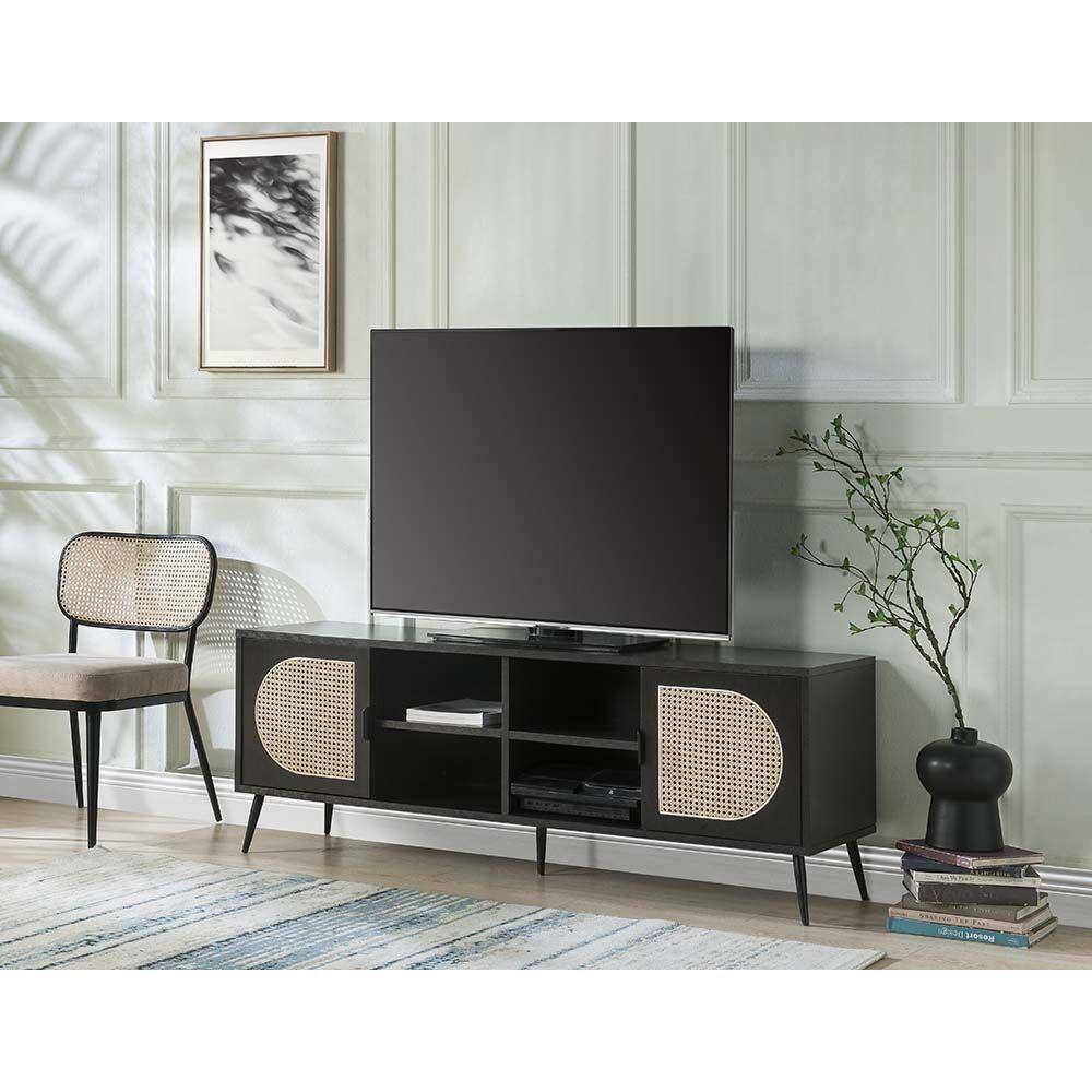 Benjara Black TV Stand 60 in. Entertainment Center with Rattan Front 2