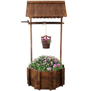 Rustic Solid Fir Wood Wishing Well Planter for Outdoor Plant, Large Wooden Planter with Hanging Bucket